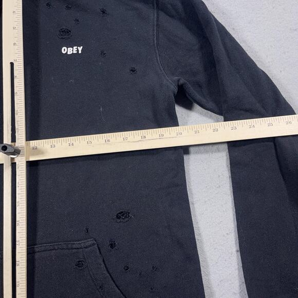 Obey Hoodie Mens Small Distressed Pullover Skull Graphic Streetwear Trashcore - Picture 4 of 9